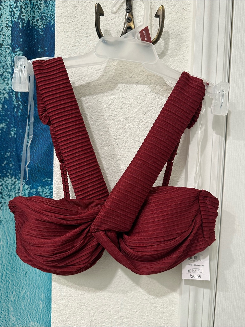 #41 Time and Tru Ribbed Red Cross-Front Bikini Top